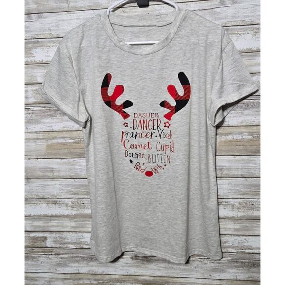 Women's Cute Reindeer Holiday Christmas Short Sleeve T-shirt- Large- Light Gray - Picture 2 of 2